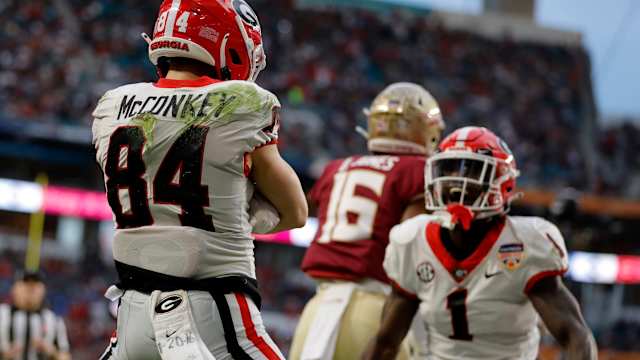 Dec 30, 2023; Miami Gardens, FL, USA; Georgia Bulldogs wide receiver Ladd McConkey (84) reacts after scoring a touchdown against the Florida State Seminoles during the first half in the 2023 Orange Bowl at Hard Rock Stadium. Mandatory Credit: Sam Navarro-USA TODAY Sports  